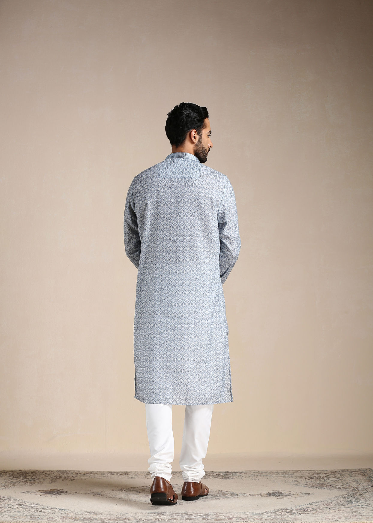 Manyavar Men Cool Grey Printed Kurta Set