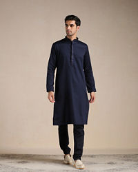 Manyavar Men Estate Blue Placket Detailed Kurta Set