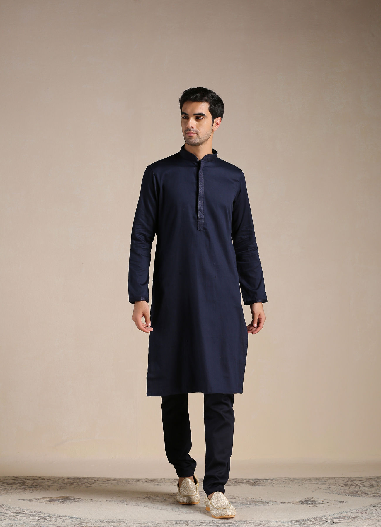 Manyavar Men Estate Blue Placket Detailed Kurta Set