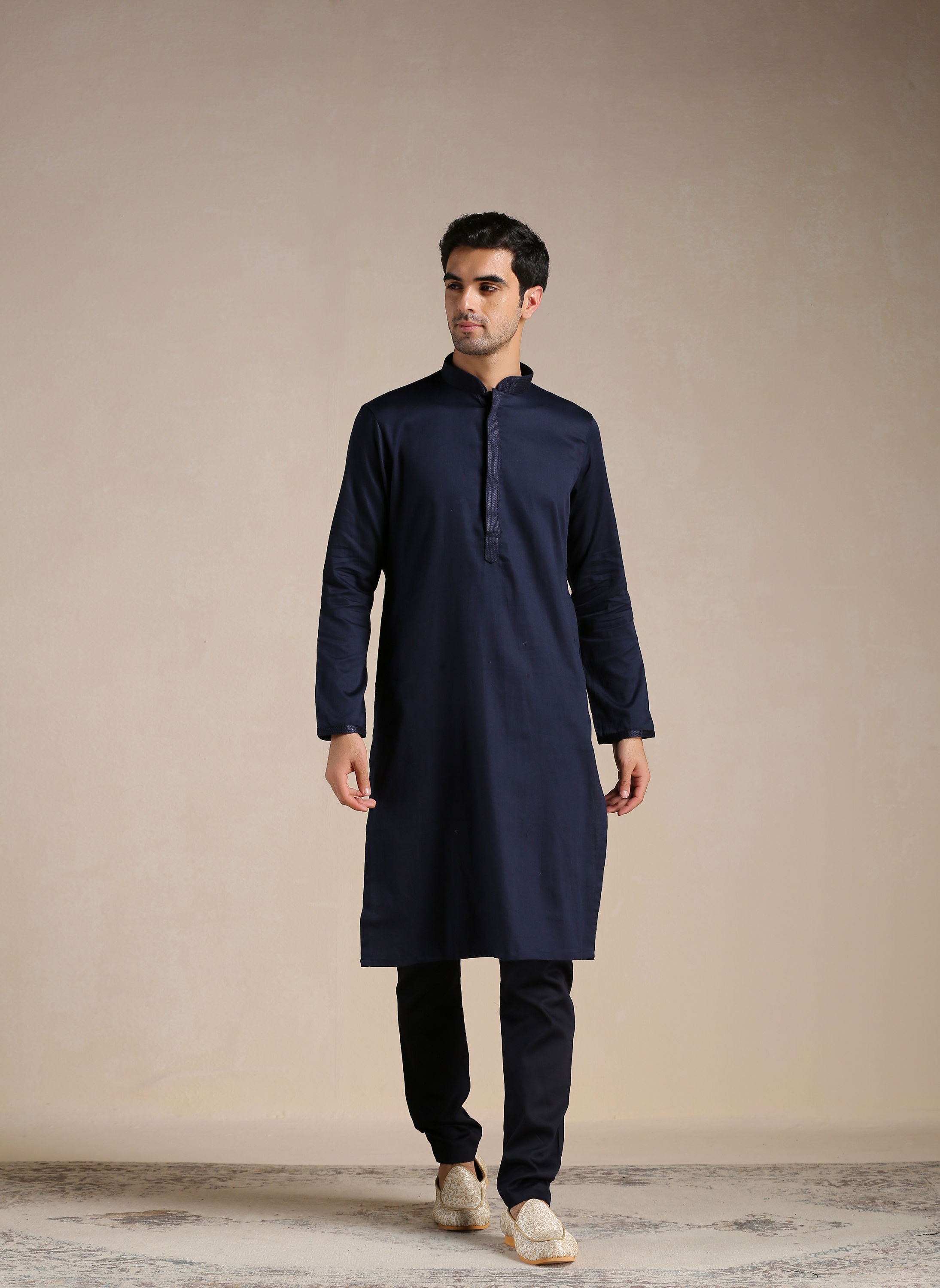 Manyavar Men Estate Blue Placket Detailed Kurta Set