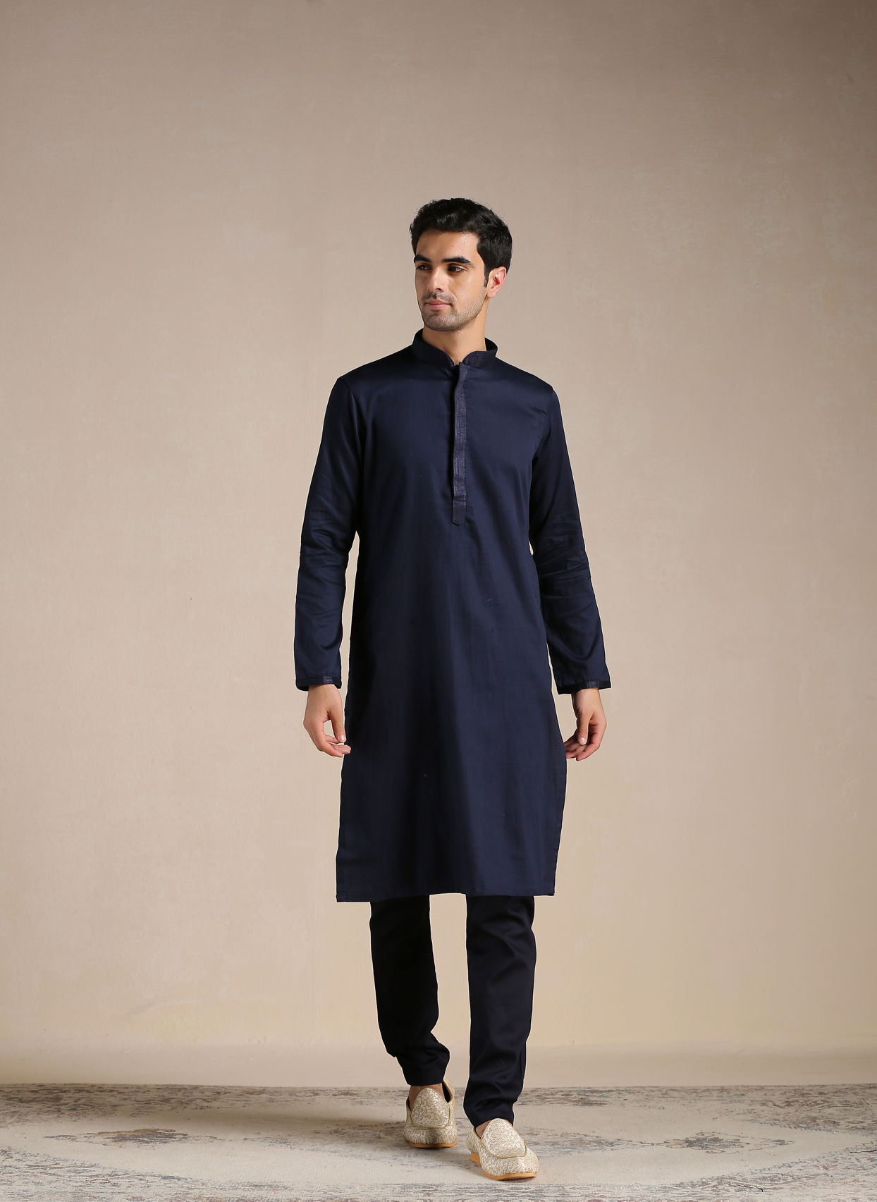 Manyavar Men Estate Blue Placket Detailed Kurta Set