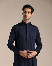 Manyavar Men Estate Blue Placket Detailed Kurta Set