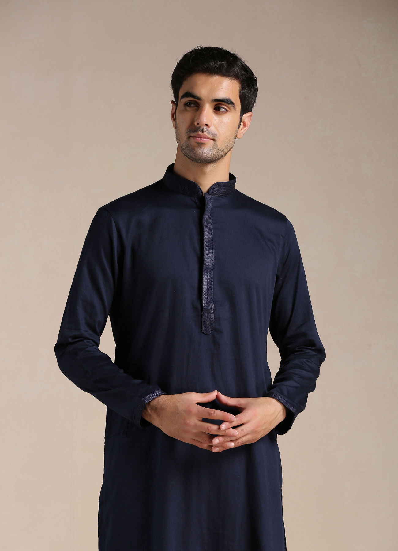 Manyavar Men Estate Blue Placket Detailed Kurta Set