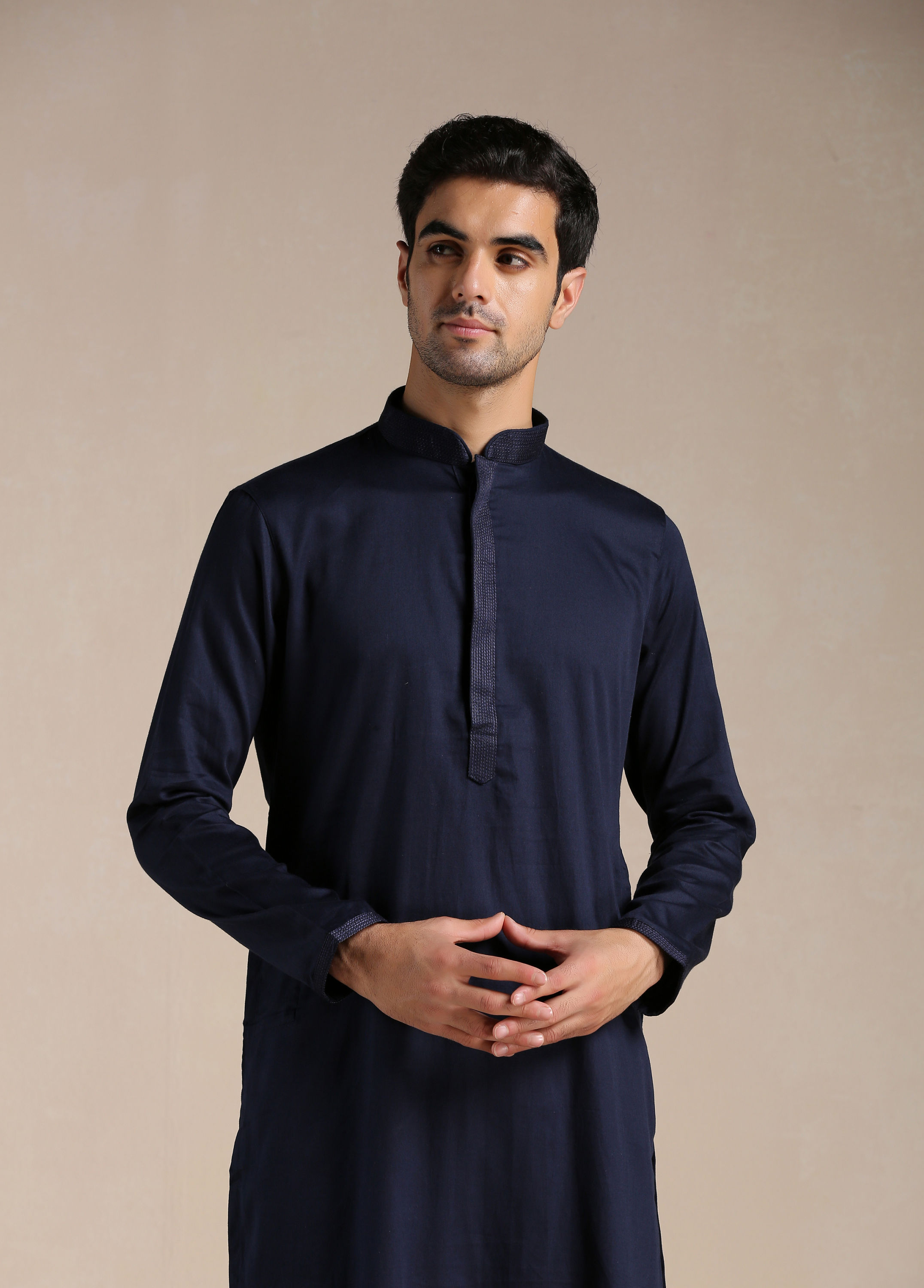 Manyavar Men Estate Blue Placket Detailed Kurta Set