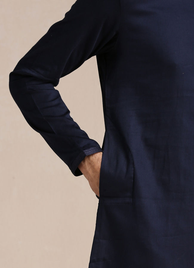 Manyavar Men Estate Blue Placket Detailed Kurta Set