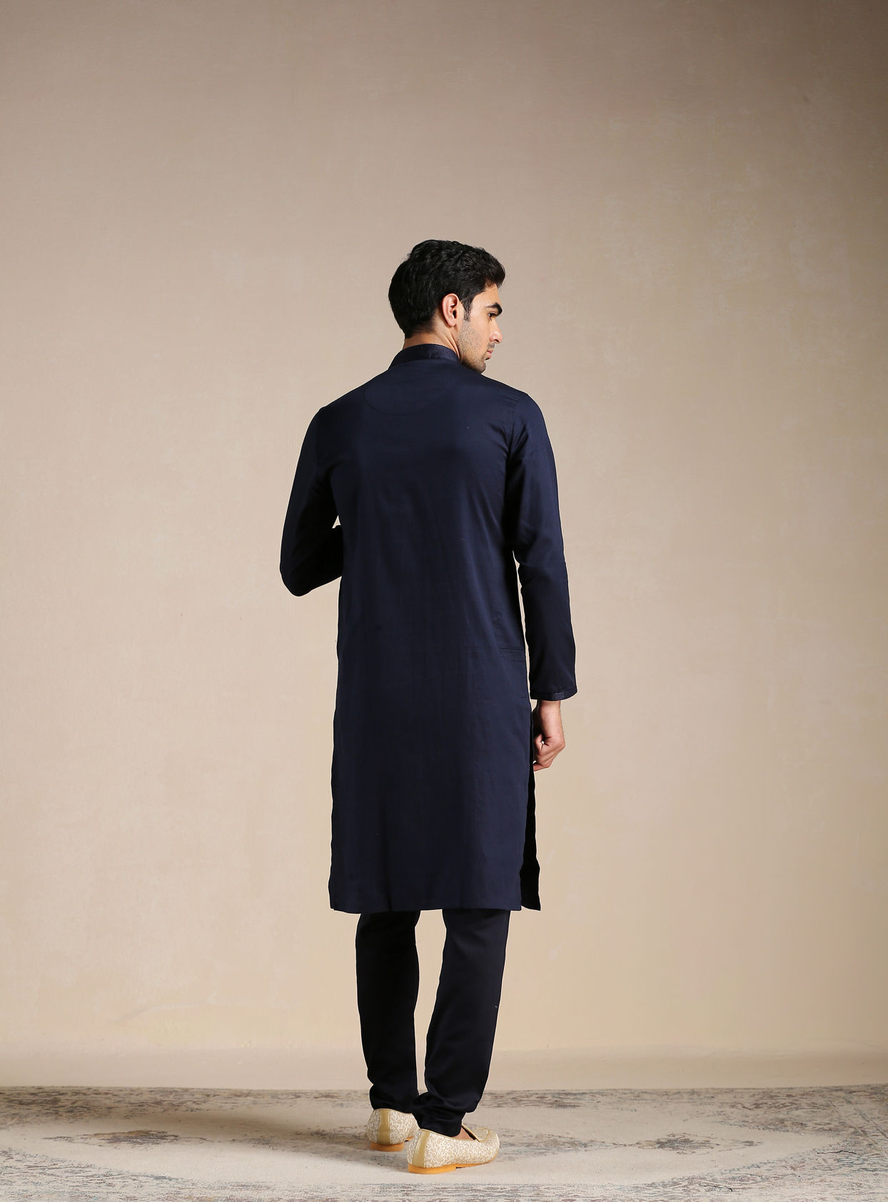Manyavar Men Estate Blue Placket Detailed Kurta Set
