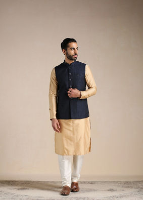 alt message - Manyavar Men Royal Blue Textured Half Jacket image number 2