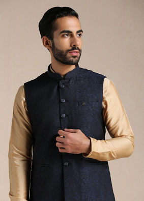 alt message - Manyavar Men Royal Blue Textured Half Jacket image number 0