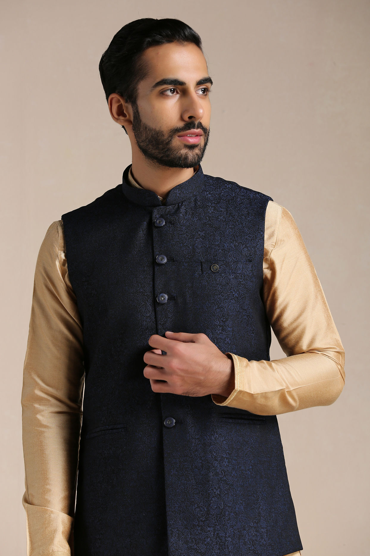 alt message - Manyavar Men Royal Blue Textured Half Jacket image number 0