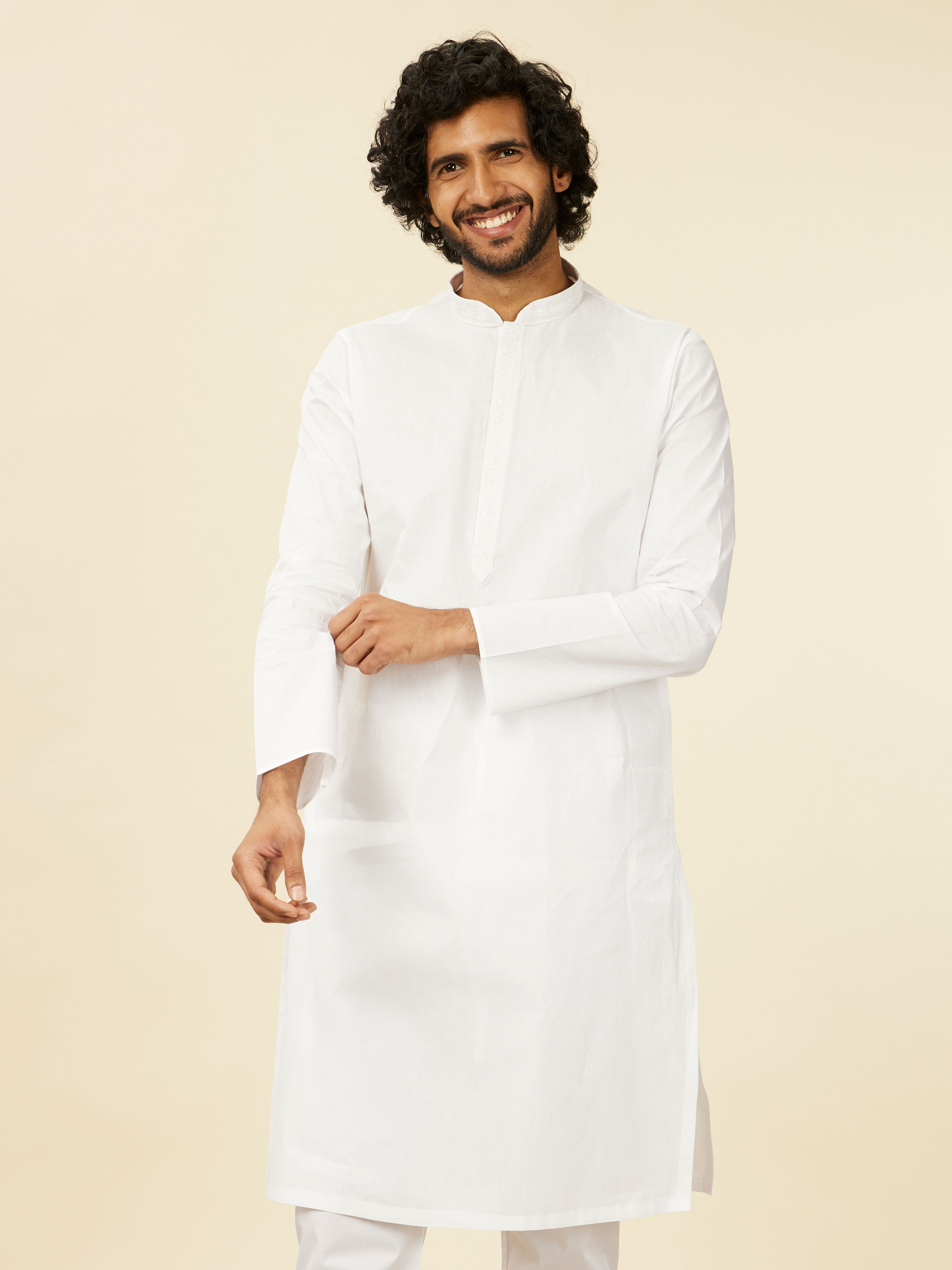 Manyavar Men Ivory White Plain Kurta Set