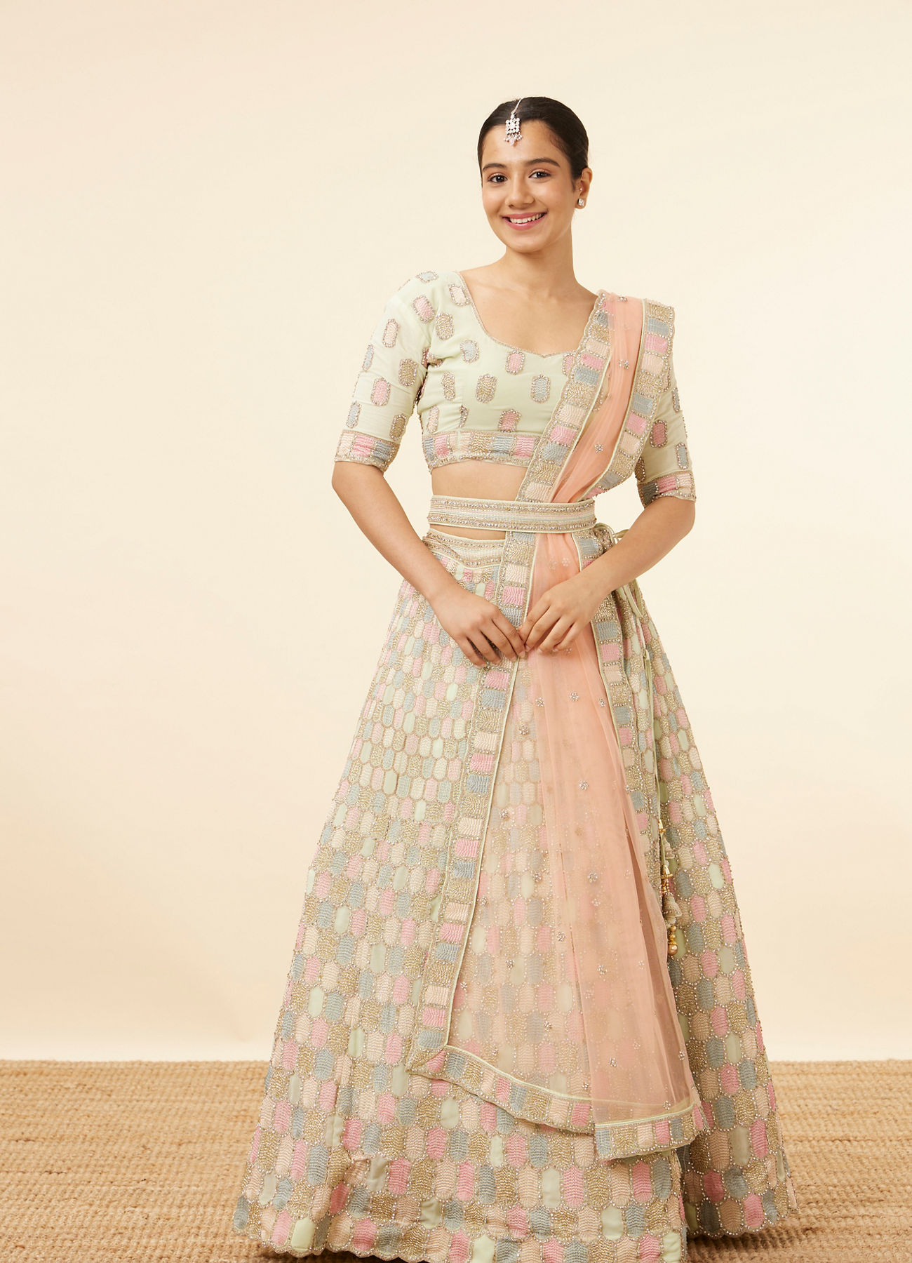 Mohey Women Pista Honeycomb Patterned Lehenga