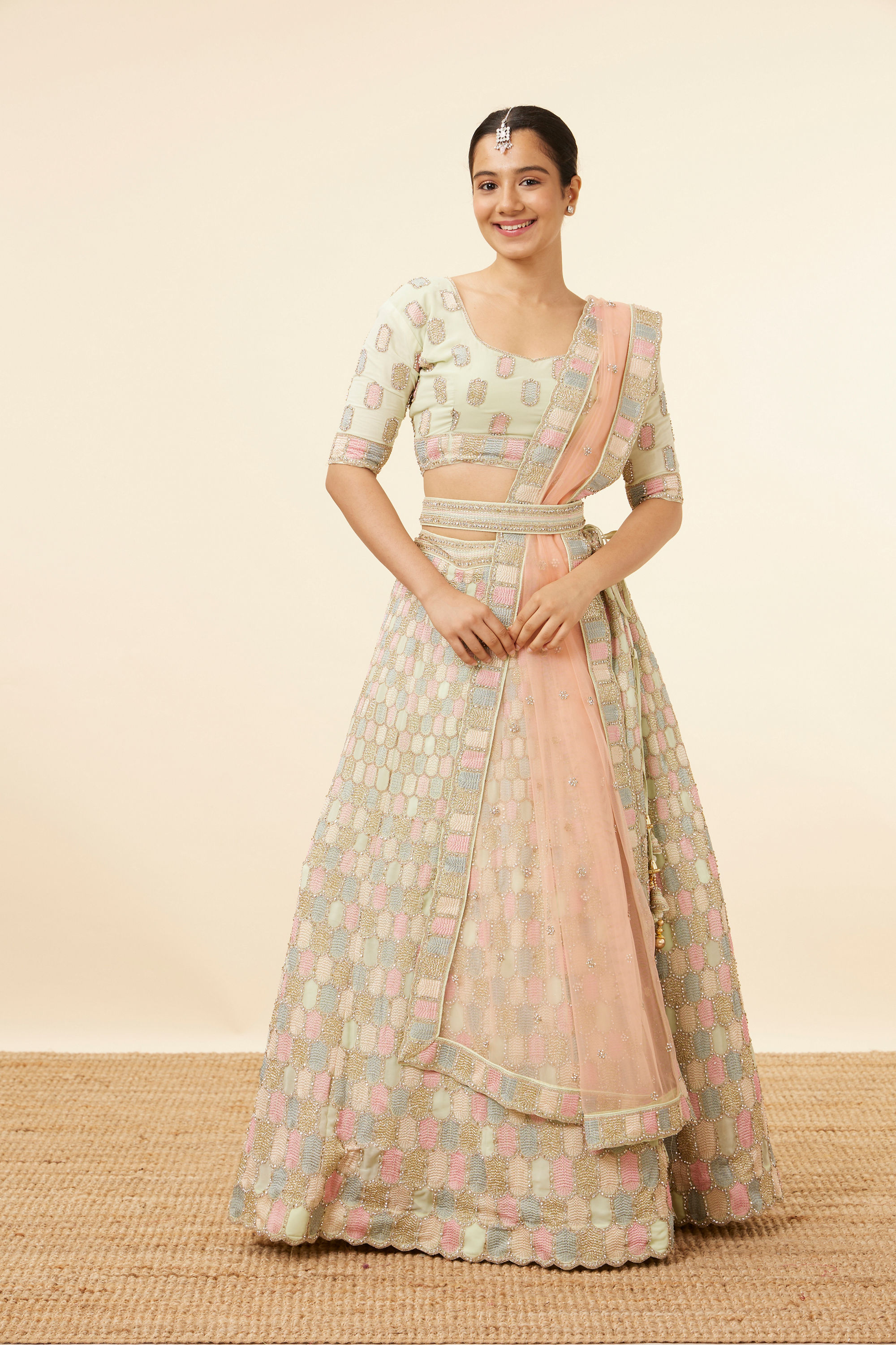 Mohey Women Pista Honeycomb Patterned Lehenga