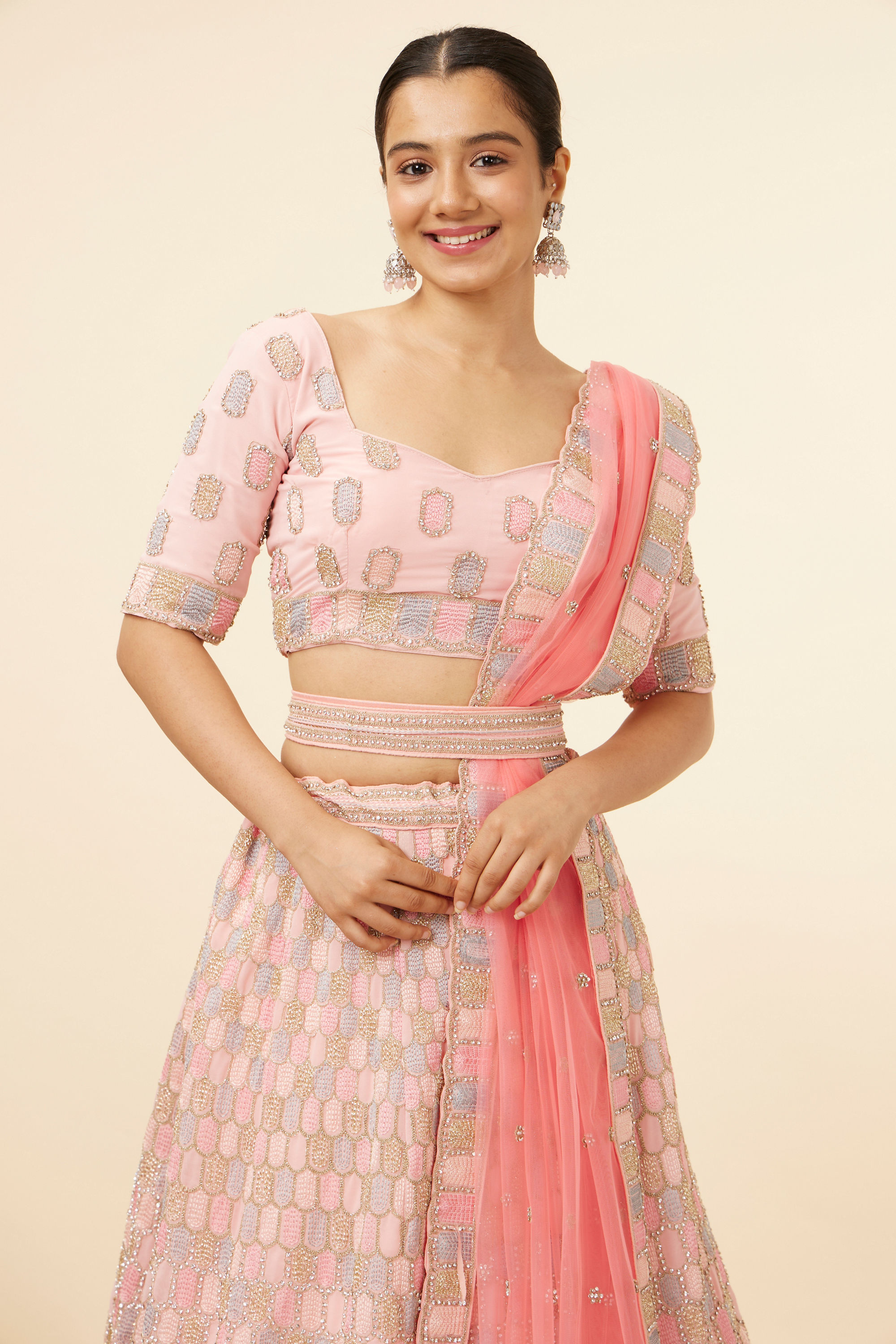 Mohey Women Peach Pink Honeycomb Patterned Lehenga