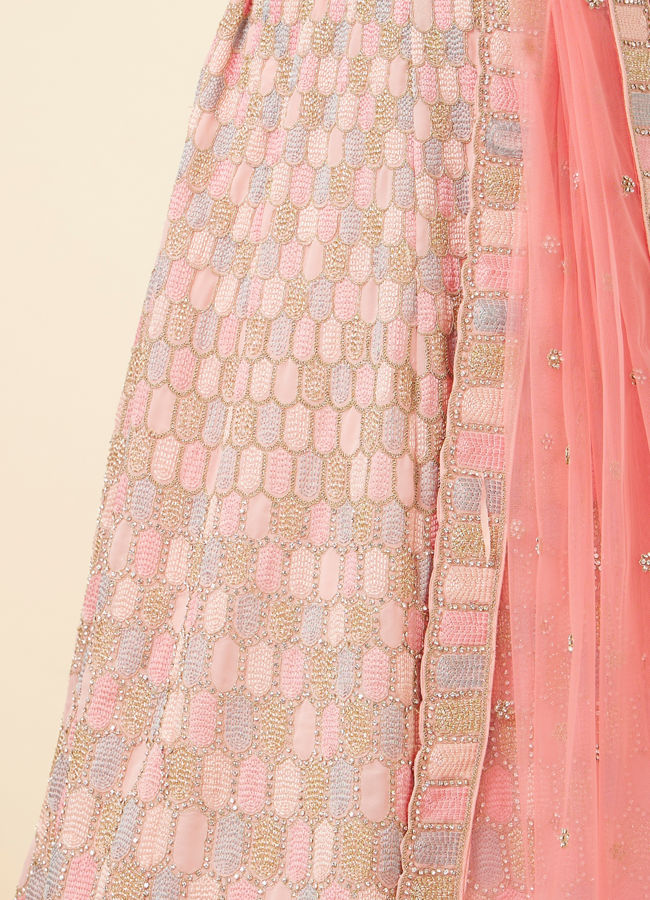 Mohey Women Peach Pink Honeycomb Patterned Lehenga