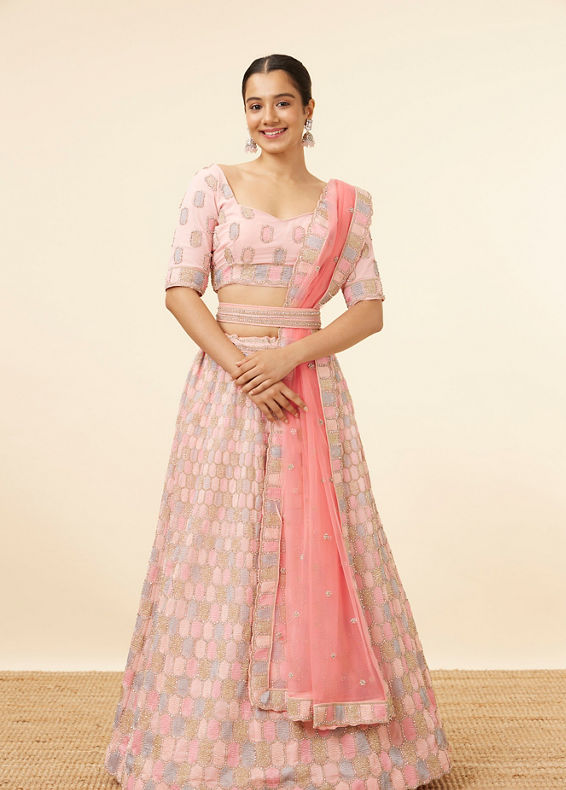 Mohey Women Peach Pink Honeycomb Patterned Lehenga