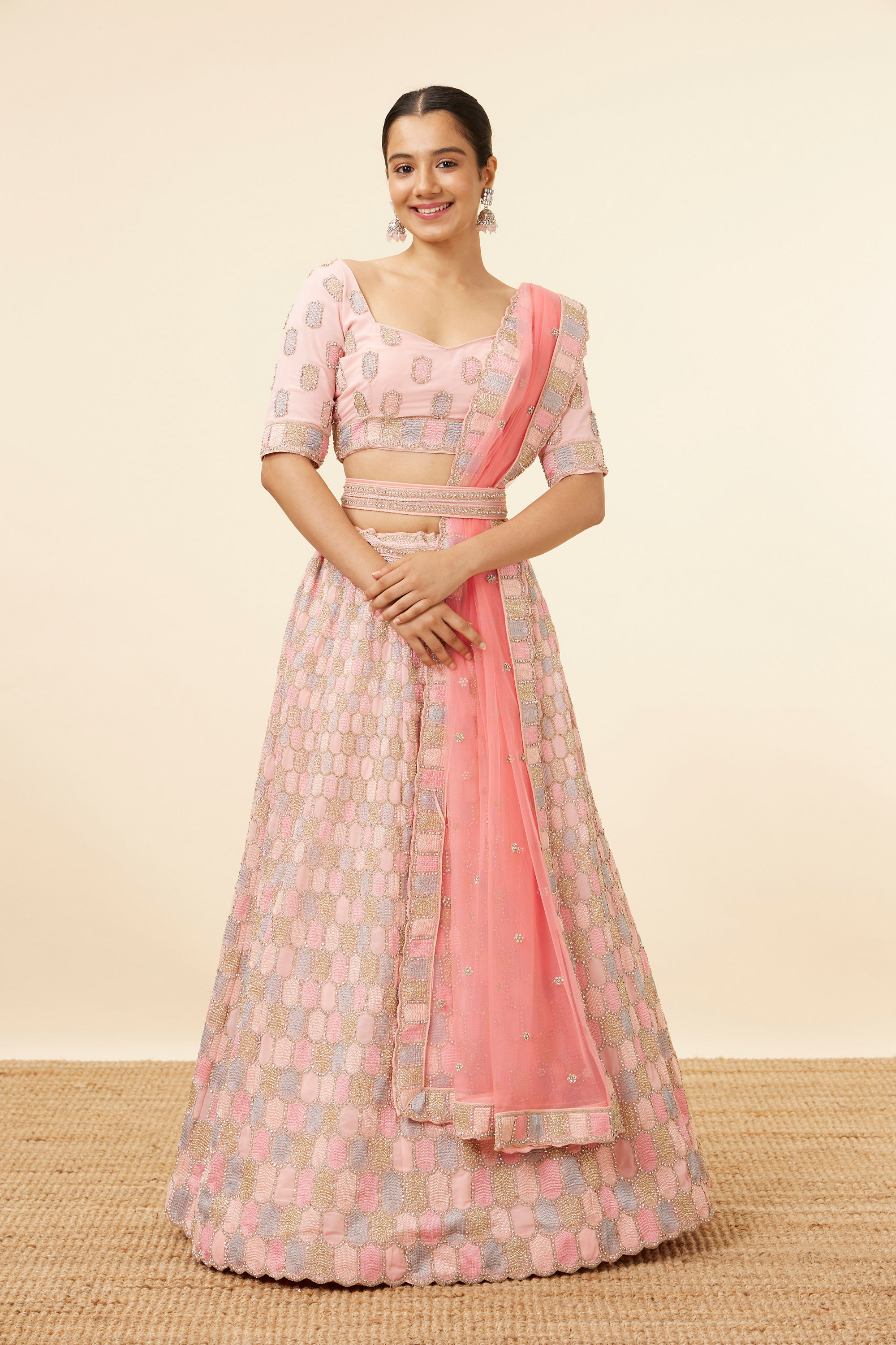 Mohey Women Peach Pink Honeycomb Patterned Lehenga