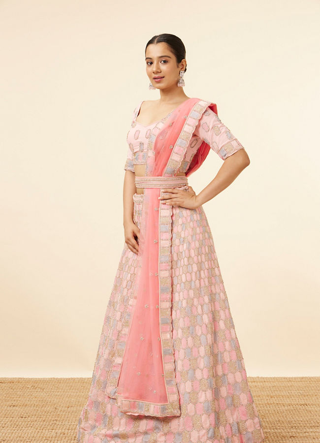 alt message - Mohey Women Peach Pink Honeycomb Patterned Lehenga image number 2