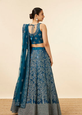 alt message - Mohey Women Blue Tree Of Life Patterned Bridal Lehenga image number 3