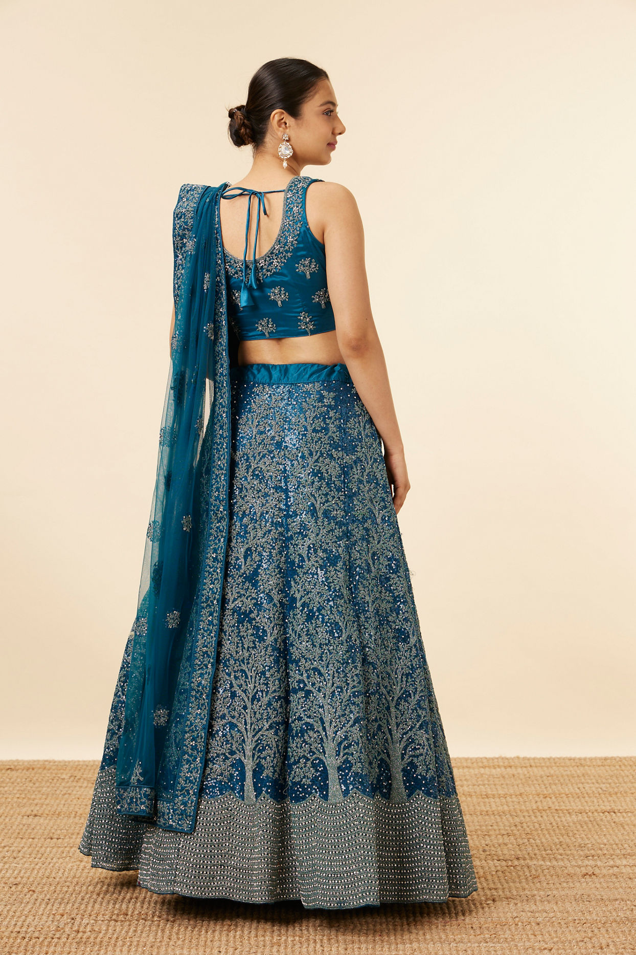 Mohey Women Blue Tree Of Life Patterned Bridal Lehenga