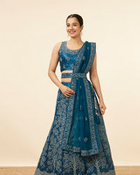 Mohey Women Blue Tree Of Life Patterned Bridal Lehenga