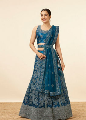 Blue Tree Of Life Patterned Bridal Lehenga image number 0