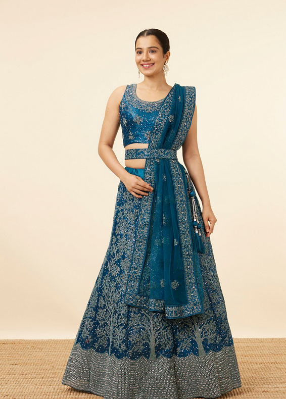 Mohey Women Blue Tree Of Life Patterned Bridal Lehenga