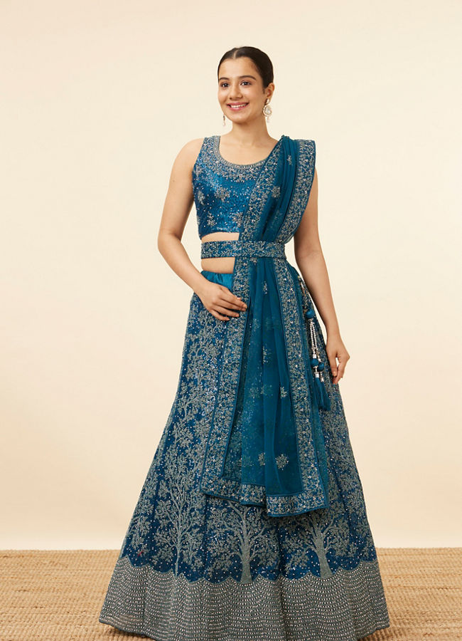 Blue Tree Of Life Patterned Bridal Lehenga image number 0