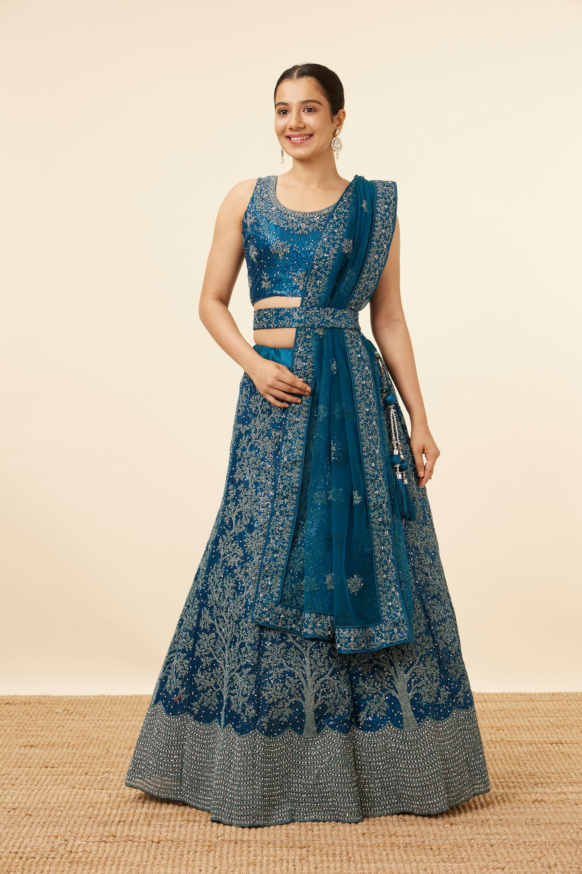 Mohey Women Blue Tree Of Life Patterned Bridal Lehenga