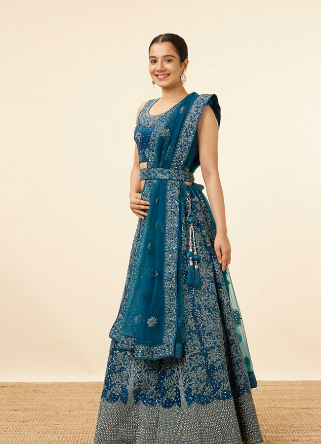 Mohey Women Blue Tree Of Life Patterned Bridal Lehenga