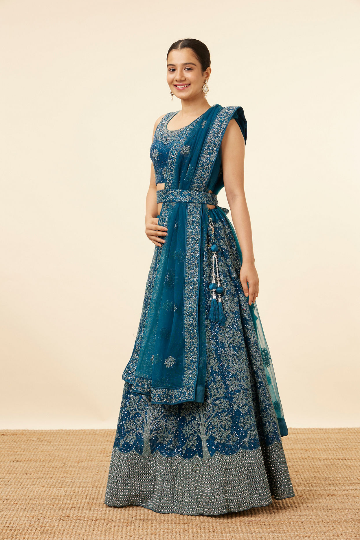 Mohey Women Blue Tree Of Life Patterned Bridal Lehenga