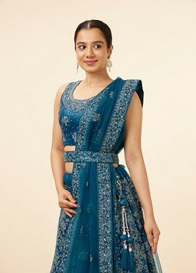 Mohey Women Blue Tree Of Life Patterned Bridal Lehenga