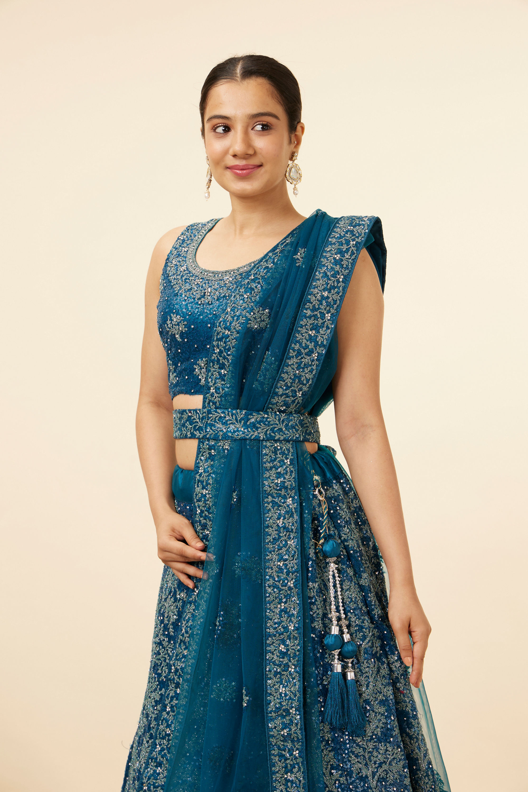 Mohey Women Blue Tree Of Life Patterned Bridal Lehenga