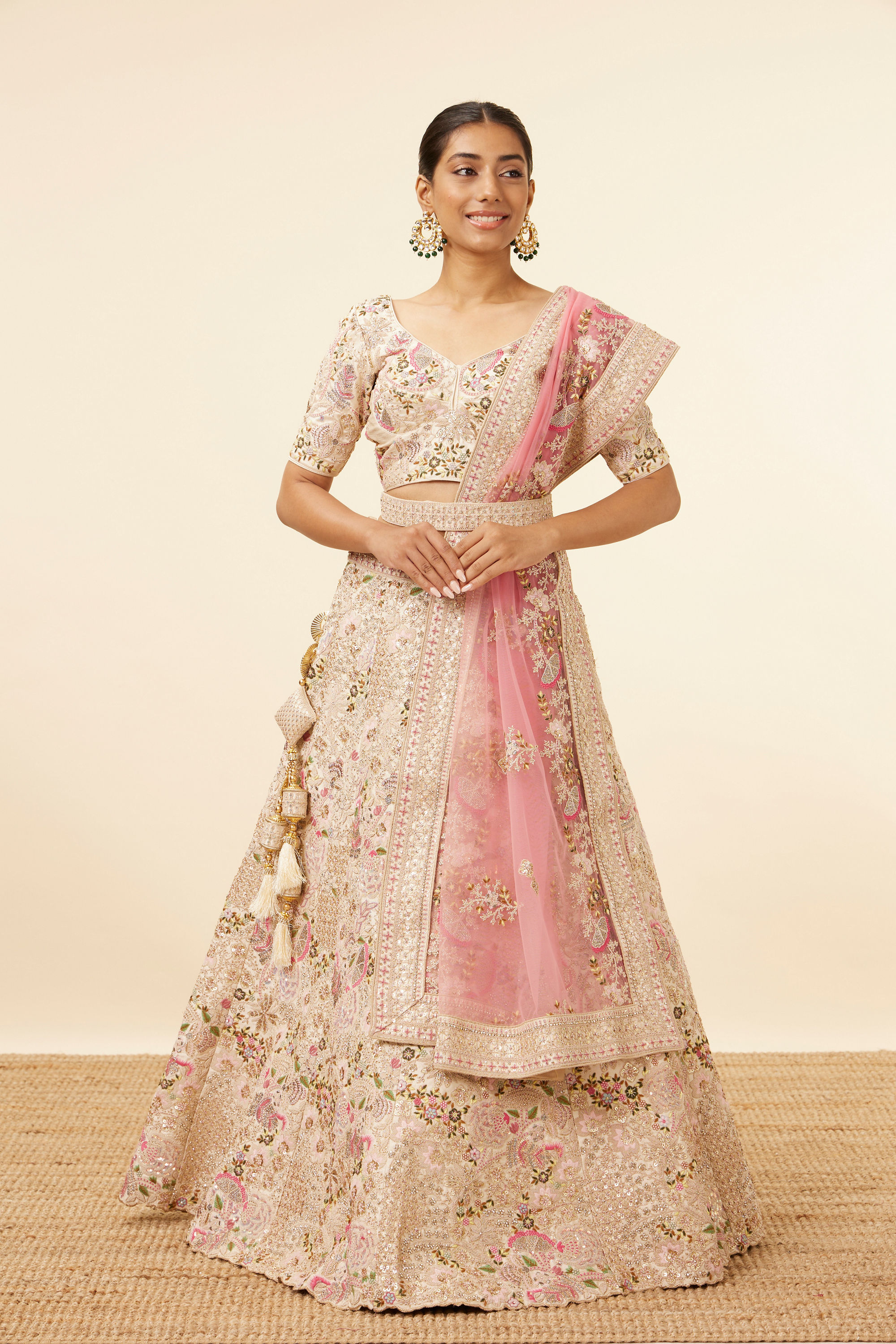 Mohey Women Dark Cream Sequinned Floral Embroidered Bridal Lehenga