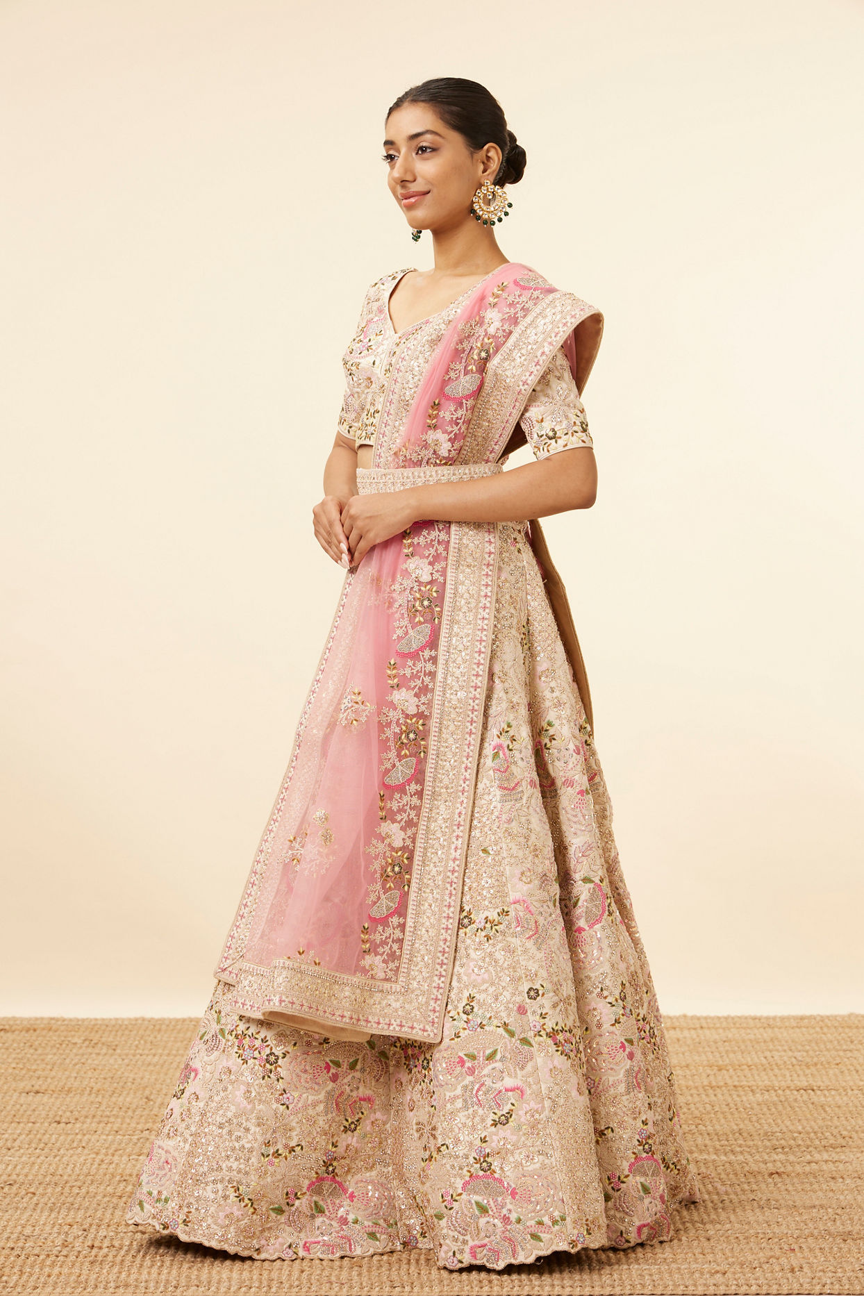 Mohey Women Dark Cream Sequinned Floral Embroidered Bridal Lehenga