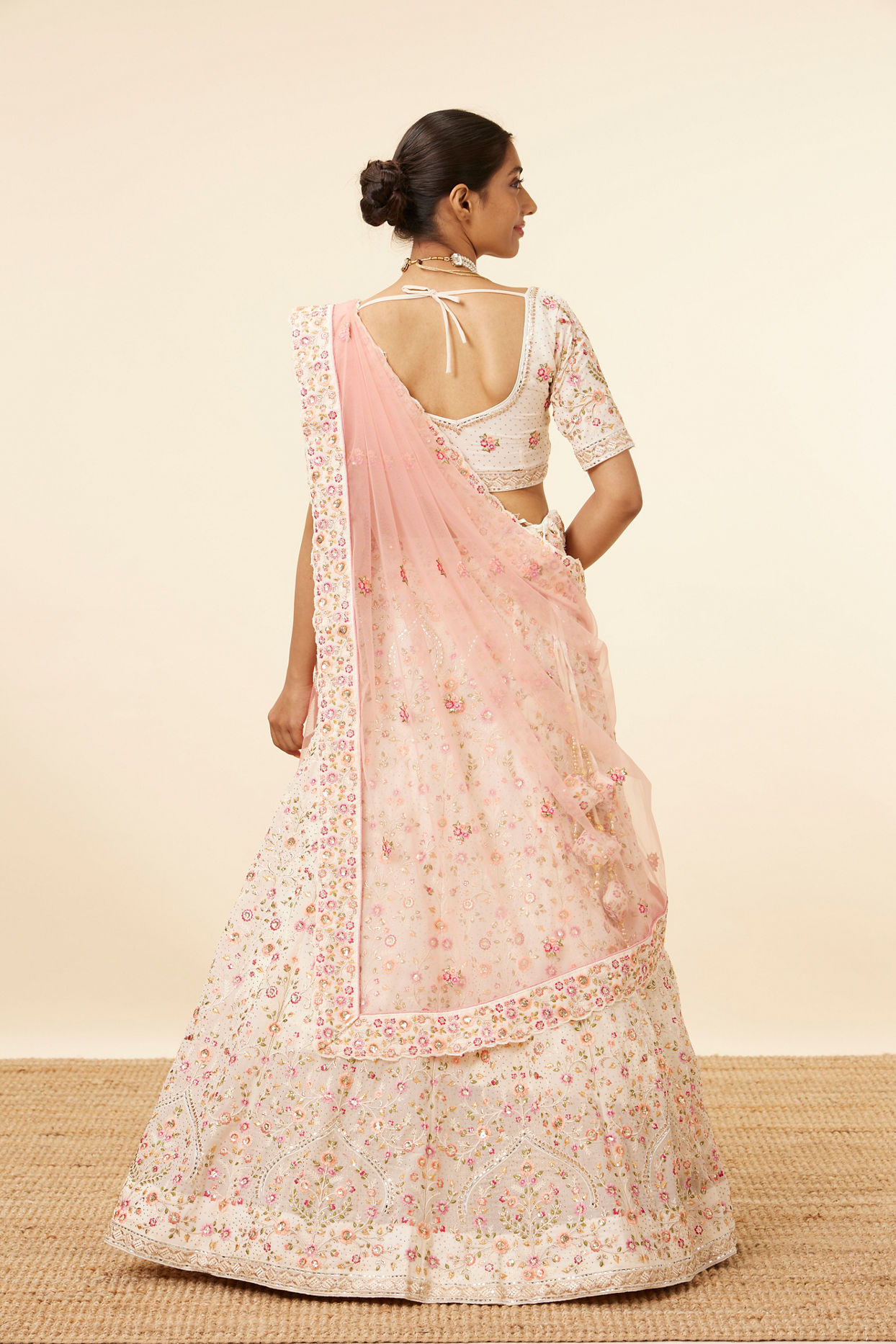 Mohey Women Dark Cream Bel Buti Patterned Embroidered Lehenga