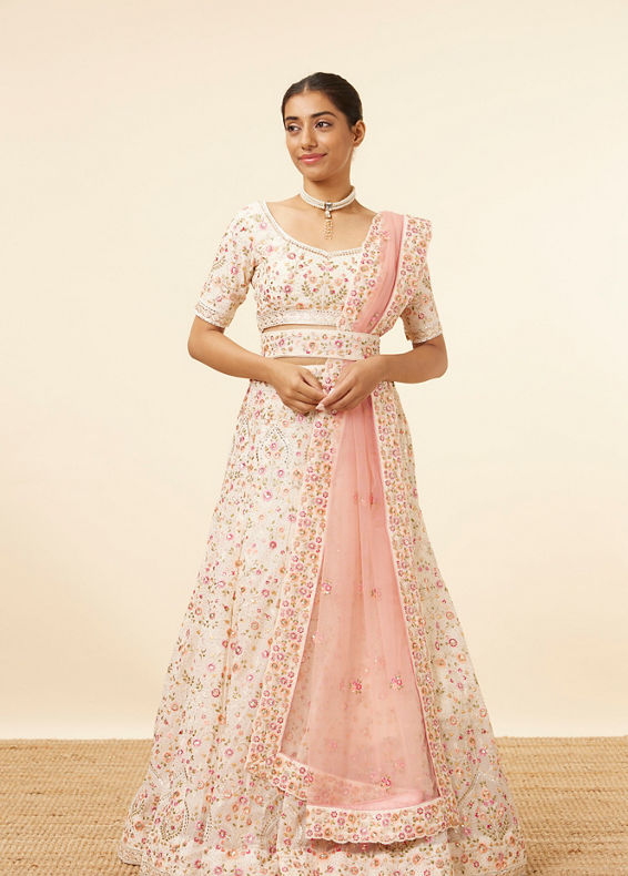 Mohey Women Dark Cream Bel Buti Patterned Embroidered Lehenga