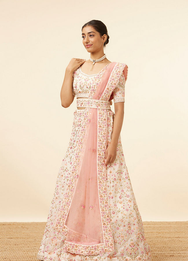 Mohey Women Dark Cream Bel Buti Patterned Embroidered Lehenga