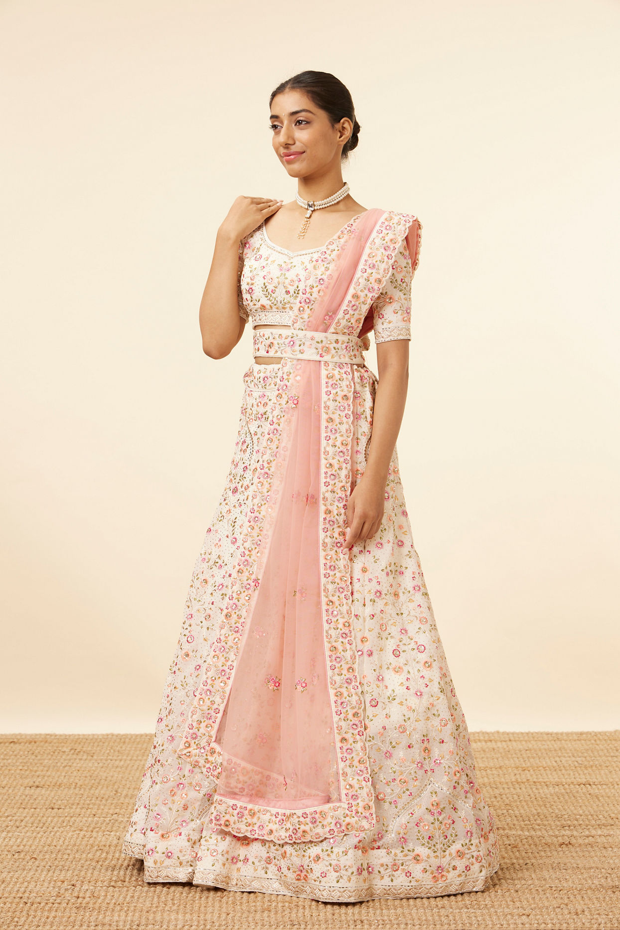 Mohey Women Dark Cream Bel Buti Patterned Embroidered Lehenga