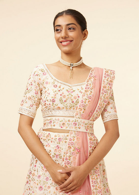 Mohey Women Dark Cream Bel Buti Patterned Embroidered Lehenga