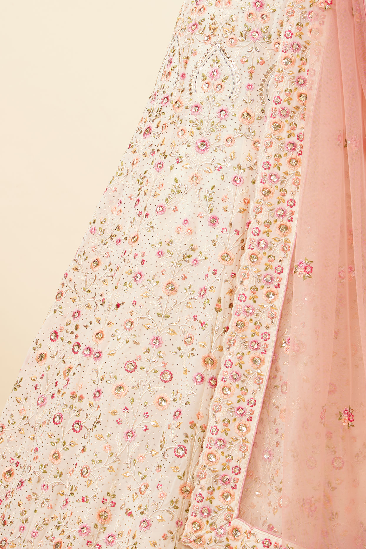 Mohey Women Dark Cream Bel Buti Patterned Embroidered Lehenga