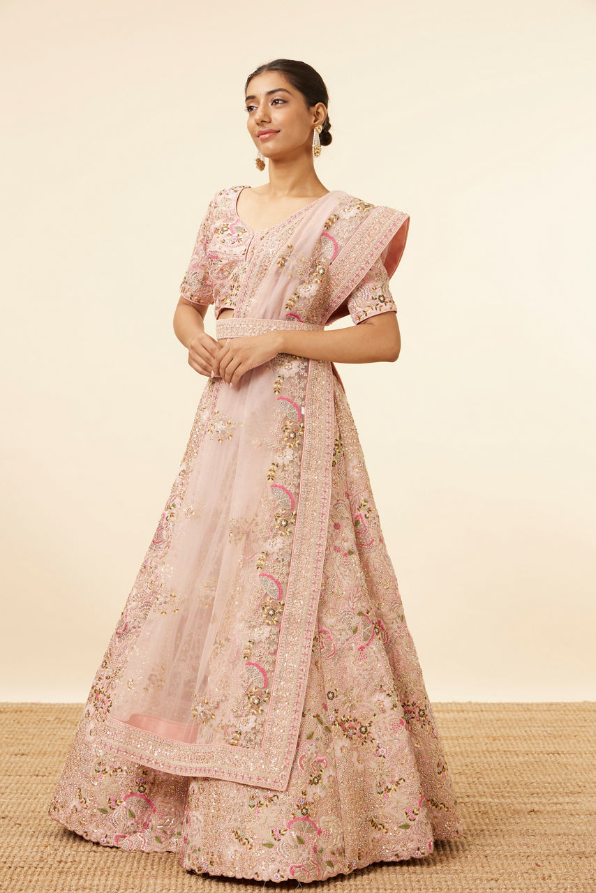 Mohey Women Light Pink Sequined Floral Bridal Lehenga