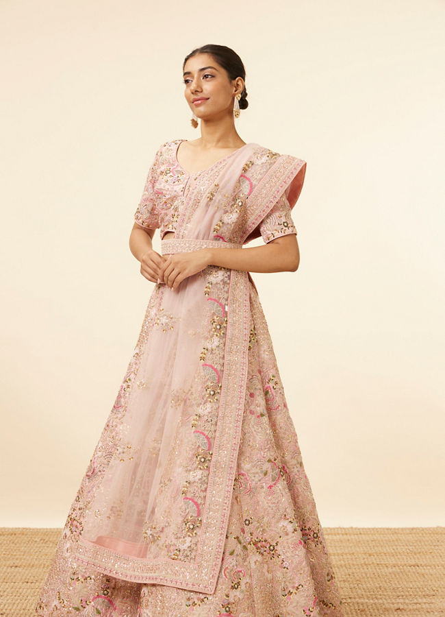 alt message - Mohey Women Light Pink Sequined Floral Bridal Lehenga image number 2