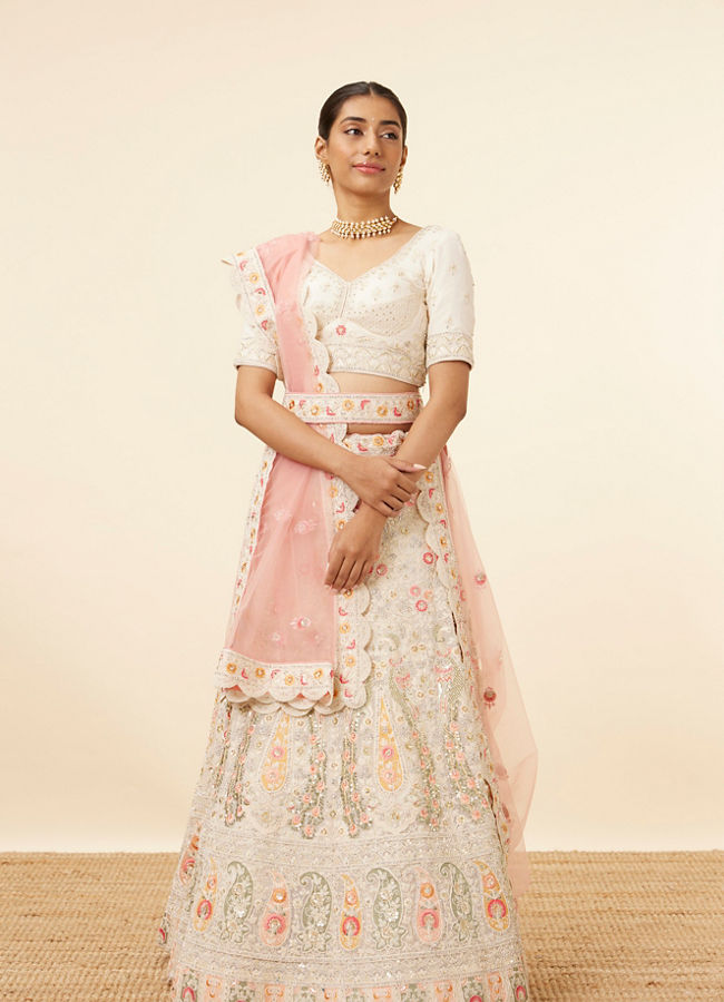 Mohey Women Dark Cream Paisley Printed Bridal Lehenga