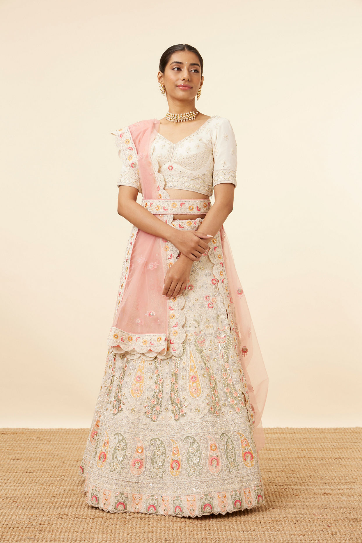 Mohey Women Dark Cream Paisley Printed Bridal Lehenga