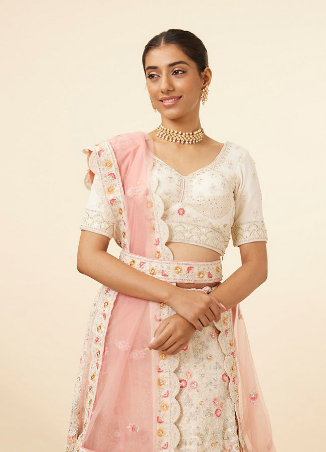 Mohey Women Dark Cream Paisley Printed Bridal Lehenga