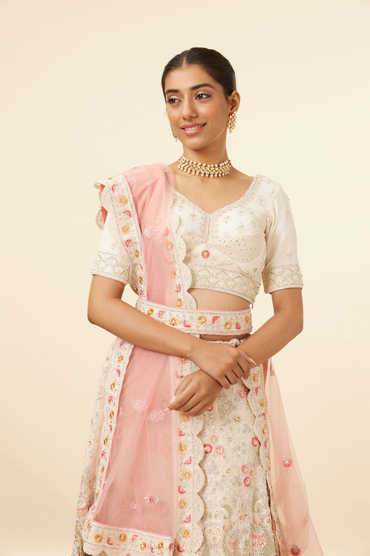 Mohey Women Dark Cream Paisley Printed Bridal Lehenga