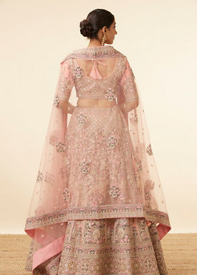 alt message - Mohey Women Geranium Pink Bel Buti Patterned Bridal Lehenga image number 4