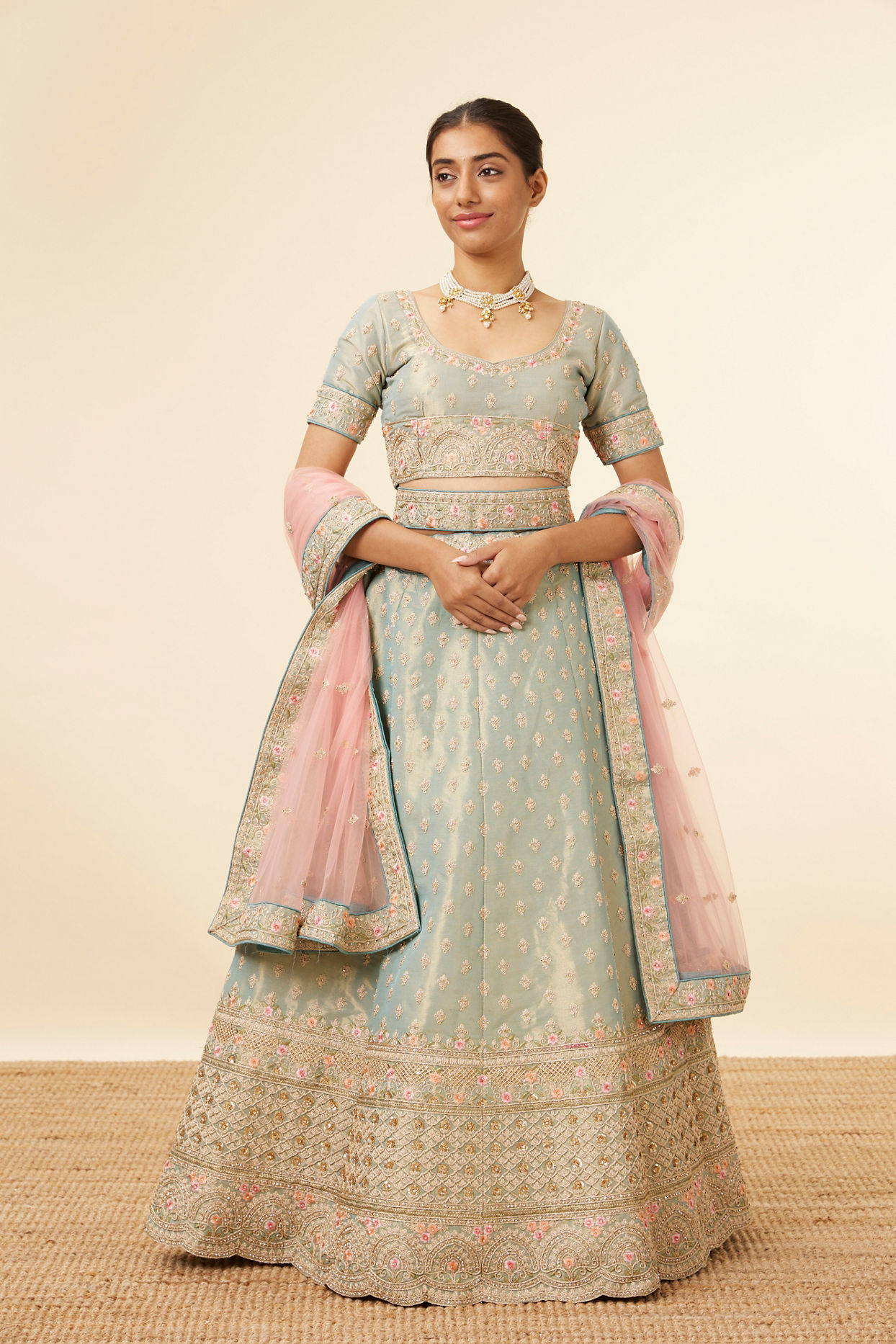 alt message - Mohey Women Sea Green All over Buti Work Lehenga image number 0