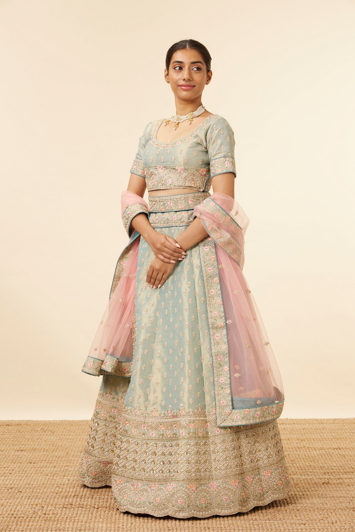 alt message - Mohey Women Sea Green All over Buti Work Lehenga image number 2