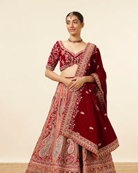 Mohey Women Mustard Red Embroidered Bridal Lehenga